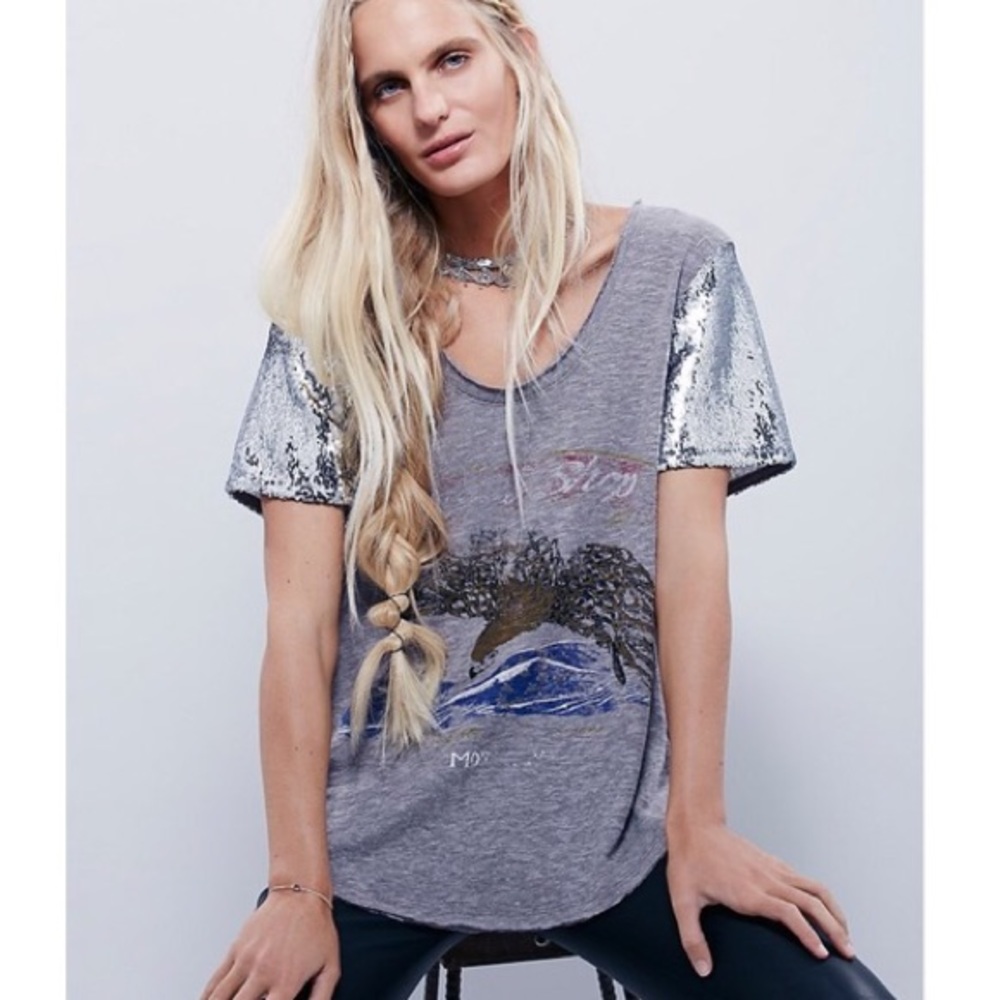 Free People Sequin Sleeved Tee